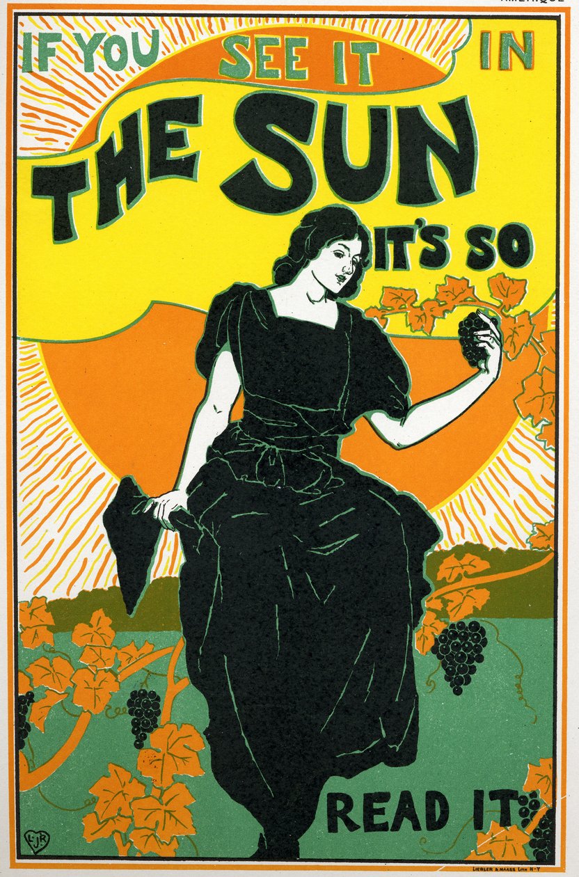 Literatur. The Sun, Zeitung. Plakat von Louis Rhead, USA, ca. 1890 (Plakat) von Louis John Rhead