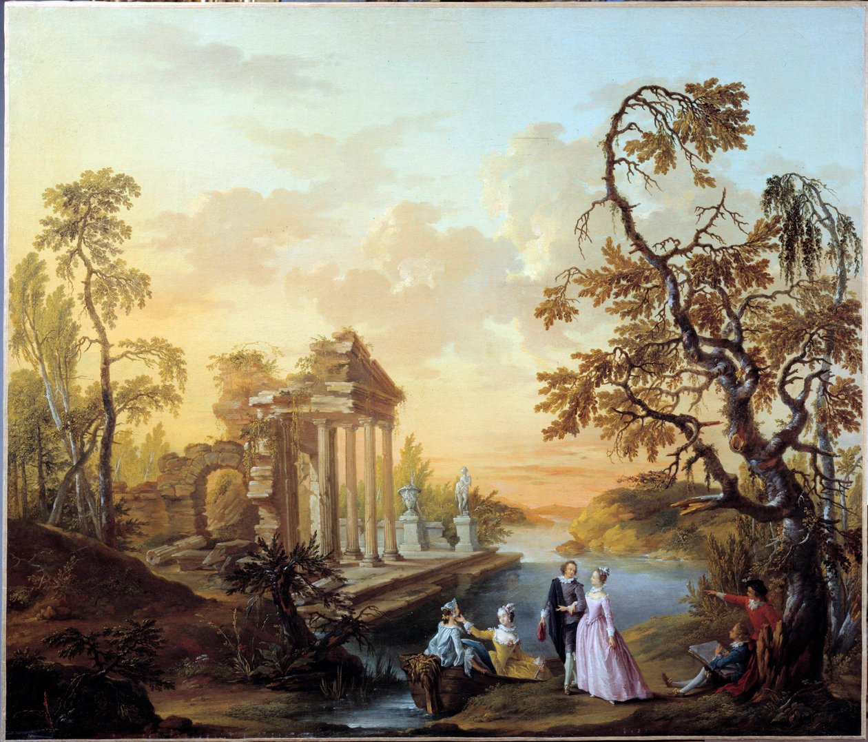 Hommage an die Liebe. Romantische Szene in einer Landschaft mit antiken Ruinen bei Dämmerung. Gemälde von Louis Joseph Watteau dit Watteau de Lille (1731-1798) von Louis Joseph  Watteau