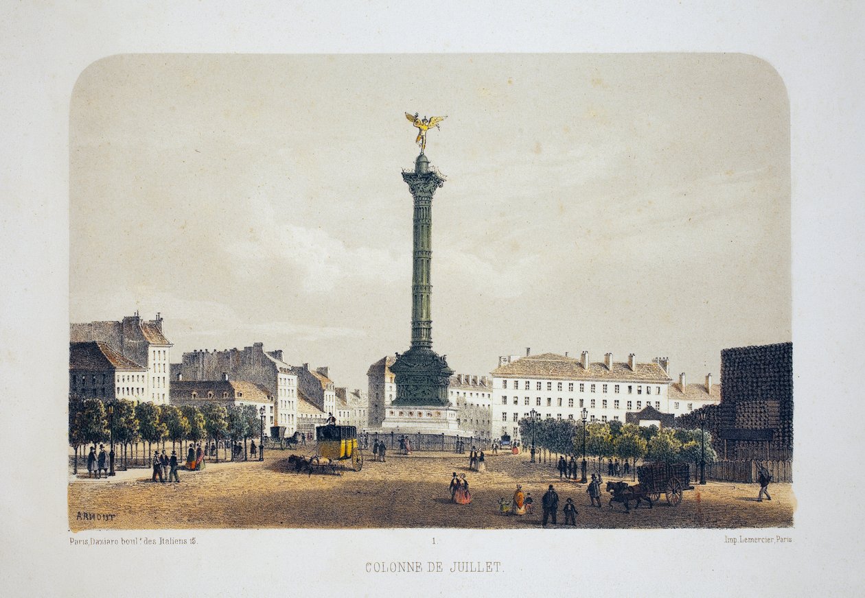 Säule von Juli (Place de la Bastille), Paris. Lithografie Aquarell, Illustration von Arnout, in „Album, souvenirs de Paris“, Daziaro Herausgeber, Paris. von Louis Jules Arnout