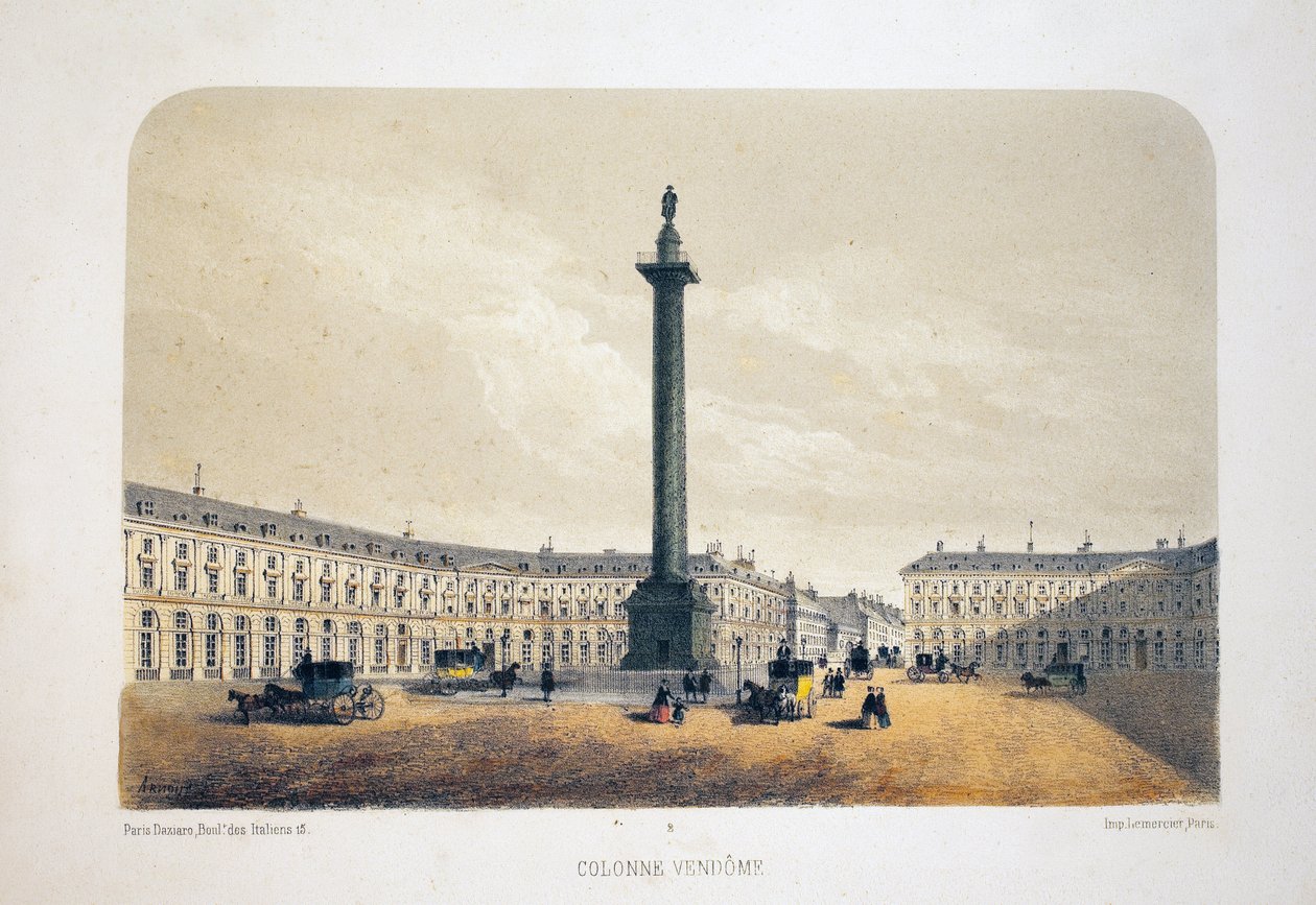 Vendome-Säule, Paris. Lithografie Aquarell, Illustration von Arnout, in „Album, Souvenirs de Paris“, Daziaro Herausgeber, Paris von Louis Jules Arnout