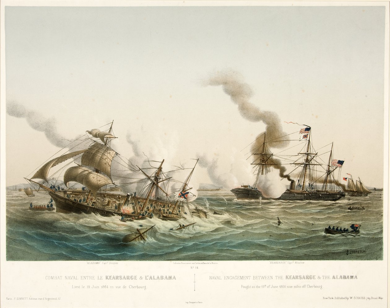 Seeschlacht zwischen der Kearsage und der Alabama, veröffentlicht 1864 von Louis Le Breton