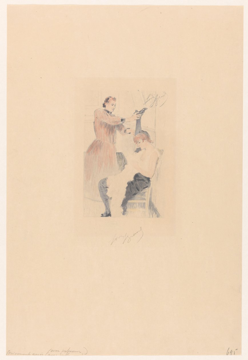 Cancan-Tänzerin, die auf einem Stuhl sitzt und eine Flexibilitätsübung macht von Louis Legrand (signed by artist)