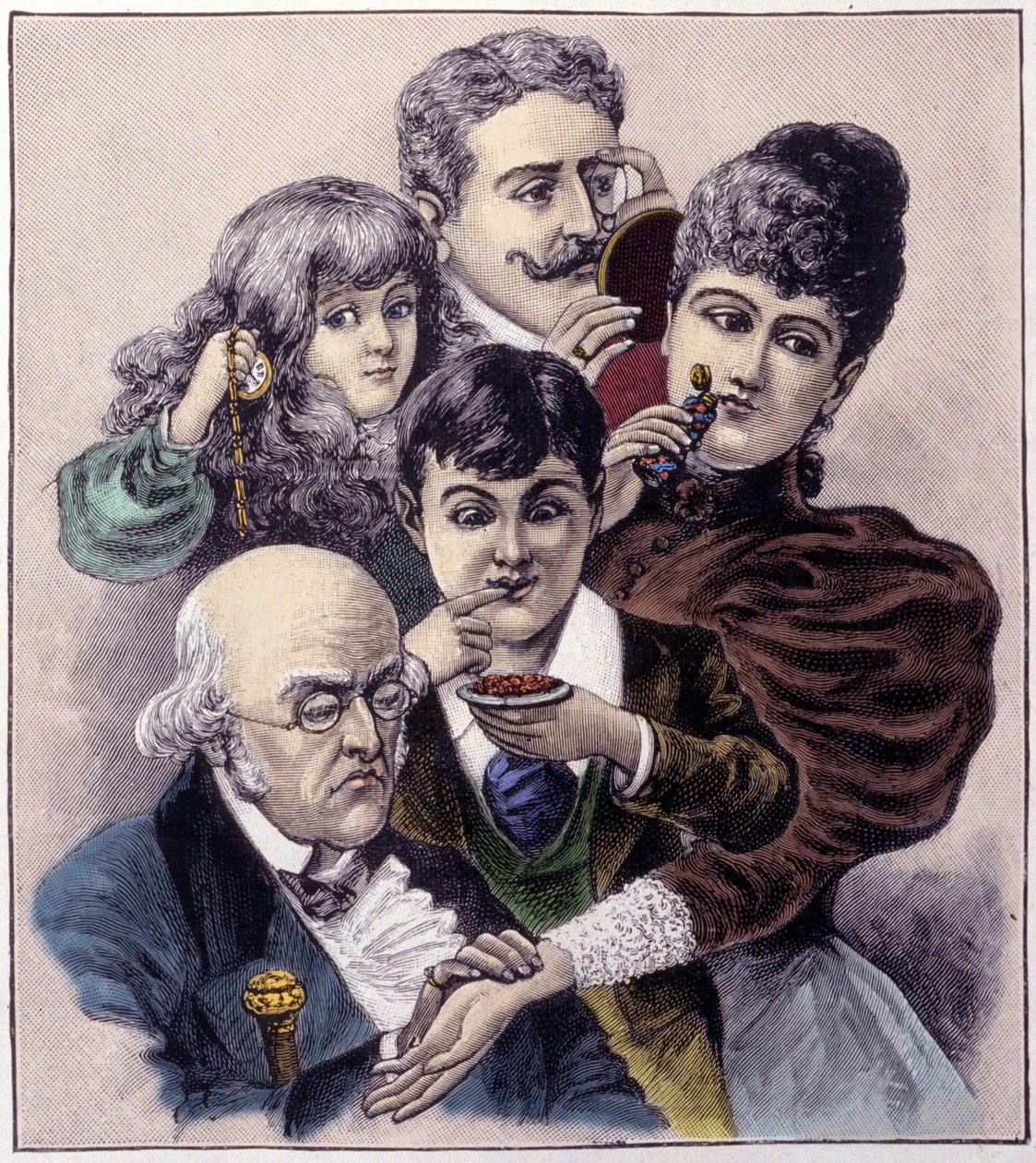 Darstellung der fünf Sinne (Tastsinn, Gehör, Geruch, Geschmack und Sehsinn) von Louis Léopold Bailly. Gravur von 1894 von Louis Leopold (after) Boilly