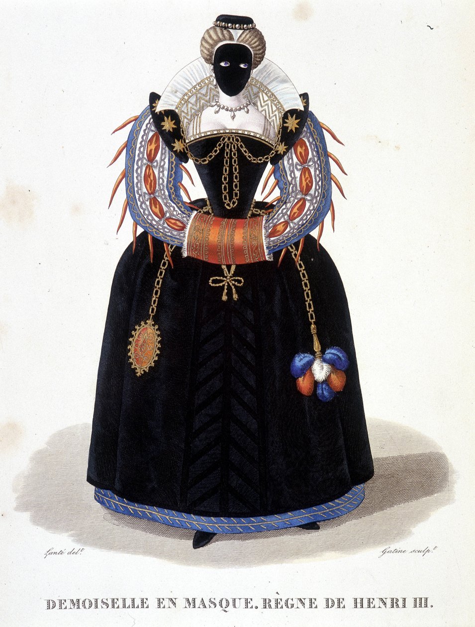Porträt einer Dame mit Maske, zweite Hälfte des 16. Jahrhunderts. In „Galerie francaise de femmes célèbres“ von Louis Marie Lante