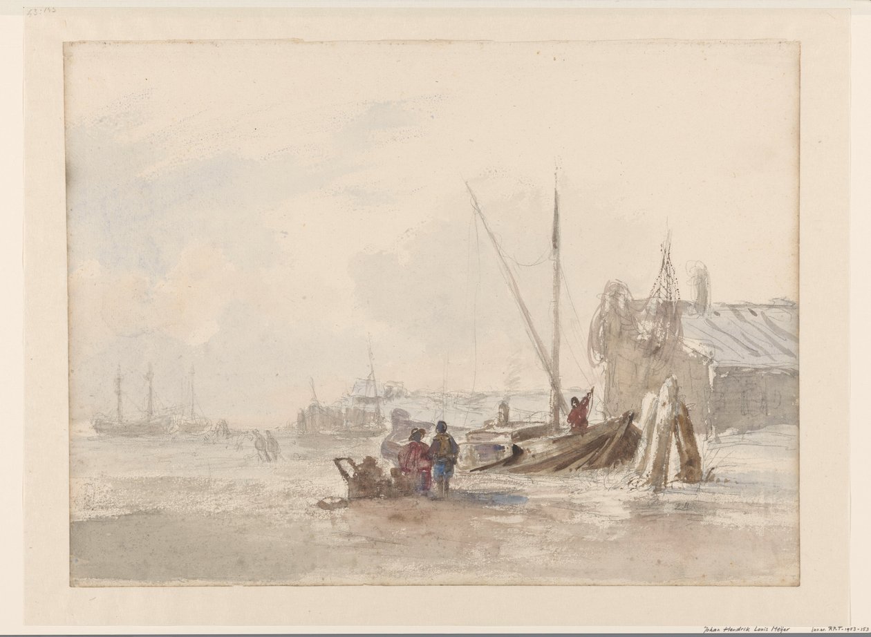 Strandansicht mit Fischern bei einem Boot im Vordergrund von Louis Meijer