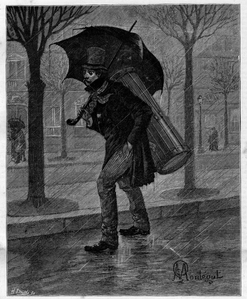 Schlechte Ernte! Arme nasse Zikade! ... Trommelspieler in Not, der im Regen durch die Straßen von Paris geht. In „Trente ans de Paris“, autobiografische Sammlung von Alphonse Daudet. Gravur nach Monteguts Illustrationen in „Le Monde illustré“ von Louis Montegut