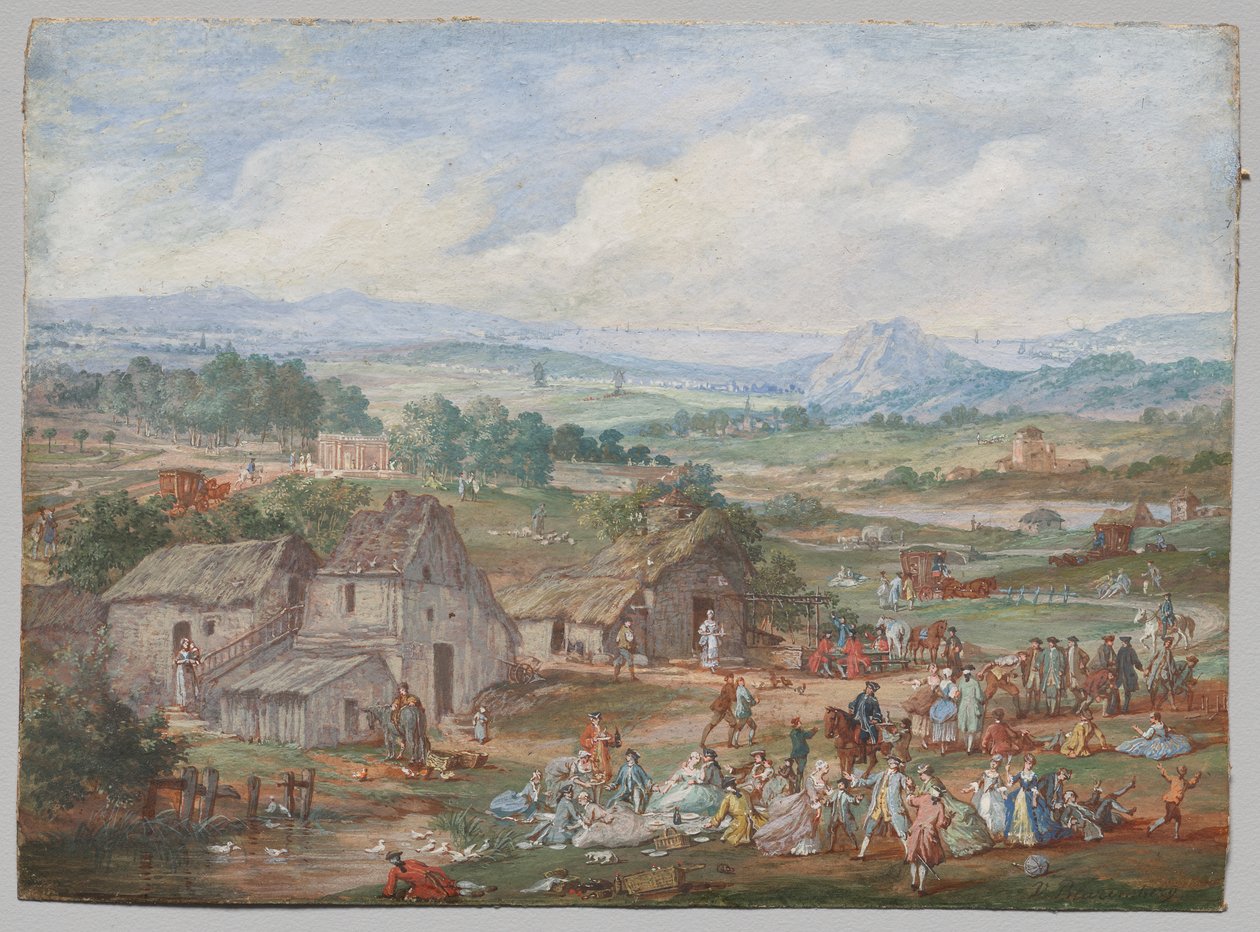 Eine Gruppe beim Picknick in der Nähe eines Dorfes von Louis Nicolas van Blarenberghe