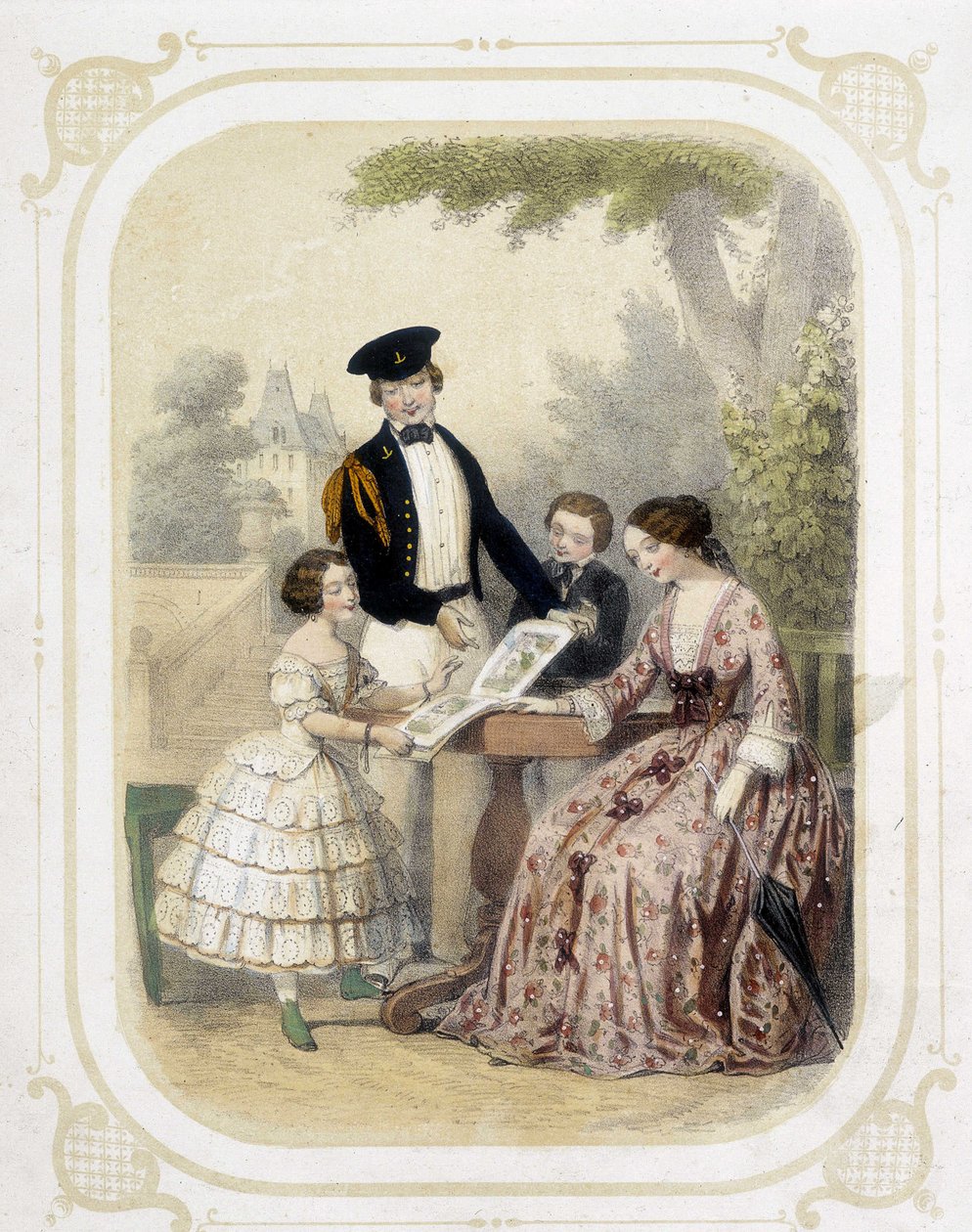 Familie um ein Bilderbuch - in „Album du jeune voyageur“, illustriert von Louis Lassalle von Louis Simon Lassalle