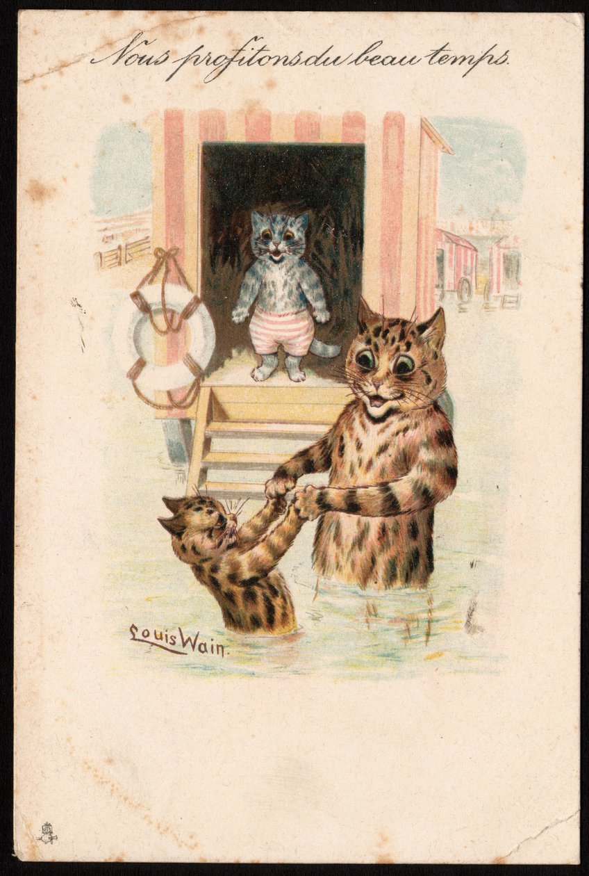 Wir genießen das schöne Wetter. Tiere in menschlicher Haltung. Katzen beim Baden im Meer im Urlaub. Postkarte. Chromolithographie von Louis Wain (1860-1939), englischer Künstler, bekannt für seine Darstellung von Katzen mit großen Augen. Anfang des 20. Jah von Louis Wain