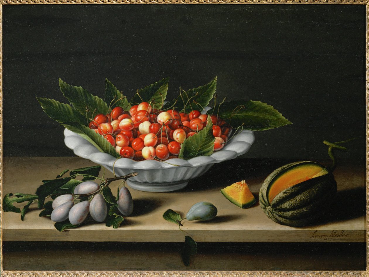 Schale mit Kirschen, Pflaumen und Melone von Louise (circle of) Moillon