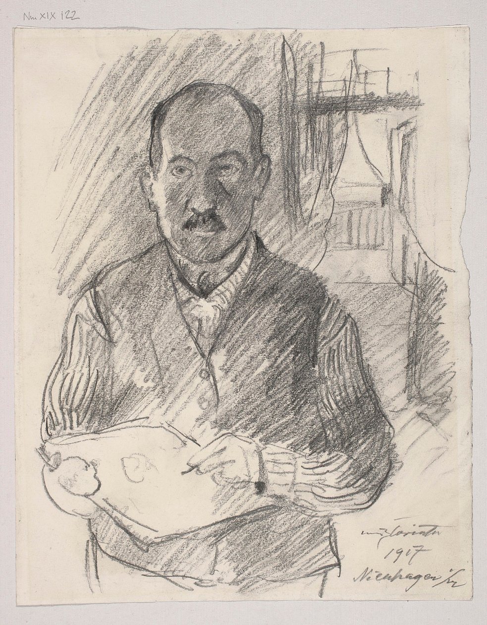 Selbstporträt; verso: Landschaftsskizze von Lovis Corinth