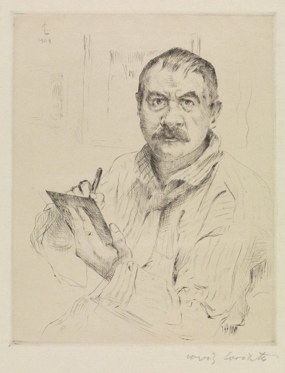Selbstbildnis, radierend von Lovis Corinth