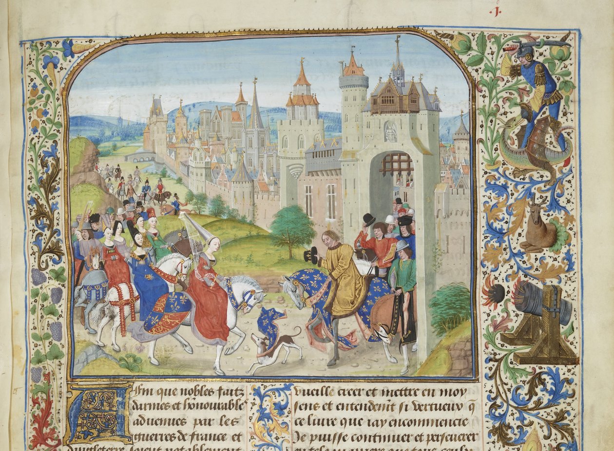 Isabella von Frankreich wird von ihrem Bruder Karl IV. in Paris empfangen, ca. 1470-1475 von Loyset Liedet