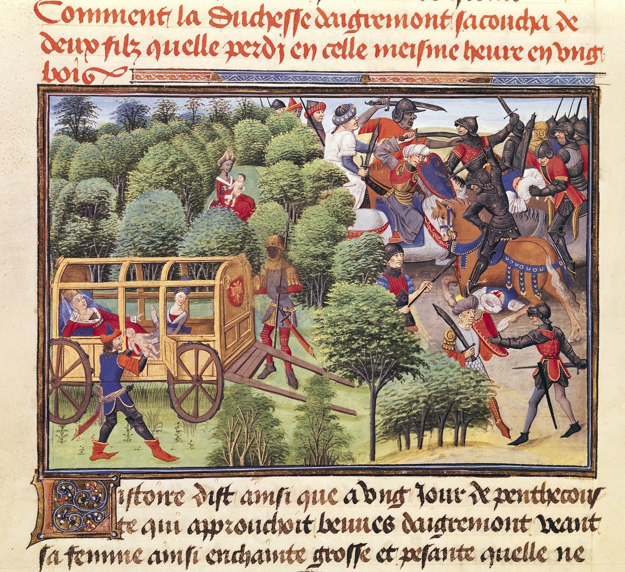 Ms 5072 f.6v Wie die Herzogin von Aigremont zwei Söhne gebar und sie in derselben Stunde in einem Wald verlor, aus dem Renaud de Montauban-Zyklus von Loyset Liedet