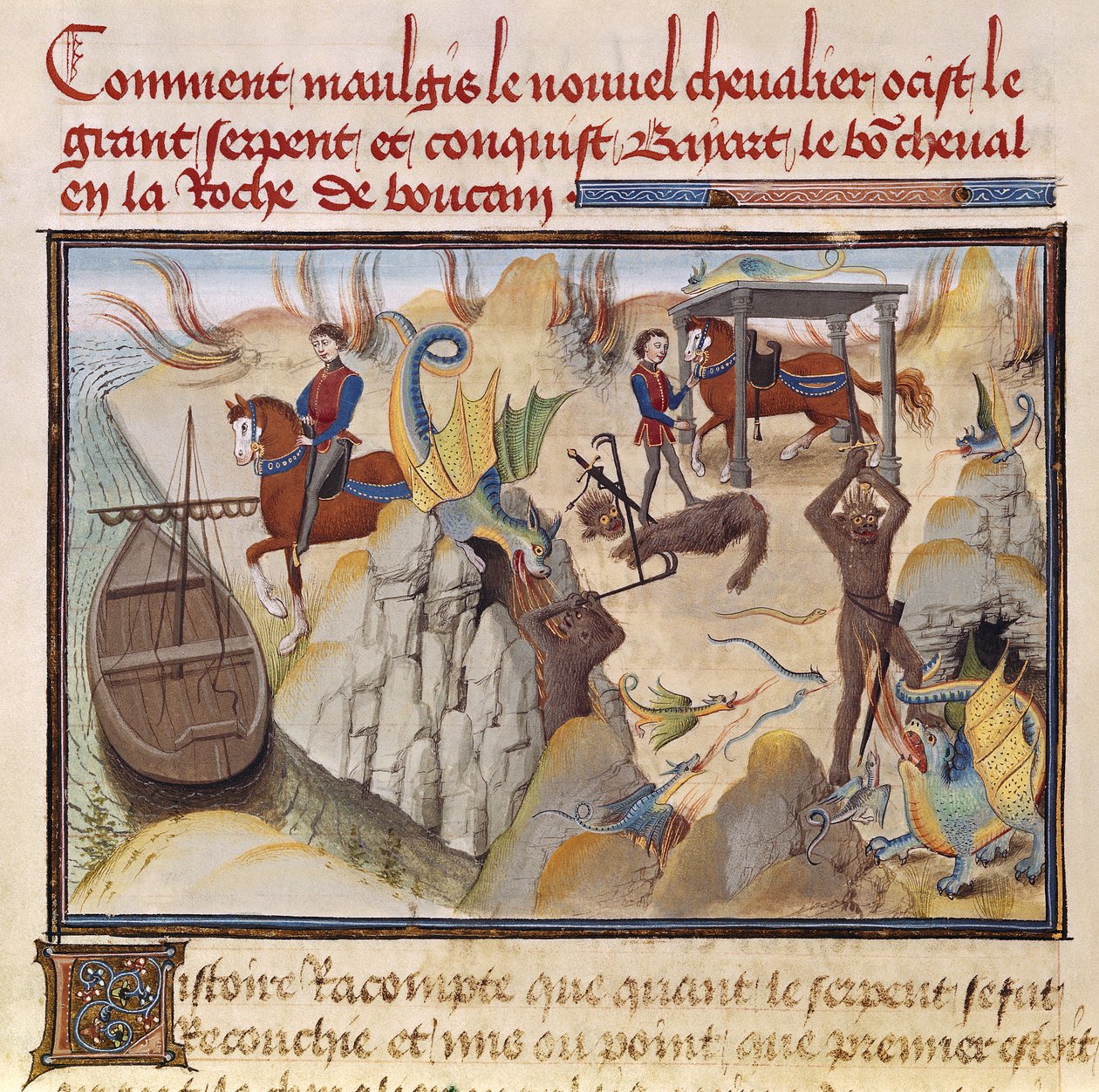 Ms 5072 fol.37v Maugis kämpft gegen die Schlange und gewinnt das verzauberte Pferd Bayard, aus dem Renaud de Montauban-Zyklus von Loyset Liedet