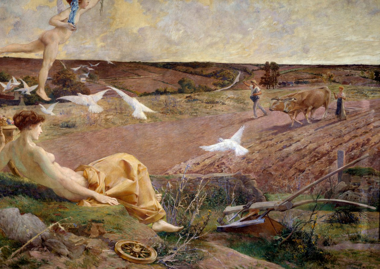 Fortuna, allegorische Darstellung von Überfluss und Fruchtbarkeit. Ein Bauer pflügt im Hintergrund sein Feld. Detail. Malerei auf Putz von Luc Olivier Merson (1846-1920) 1901 von Luc Oliver Merson