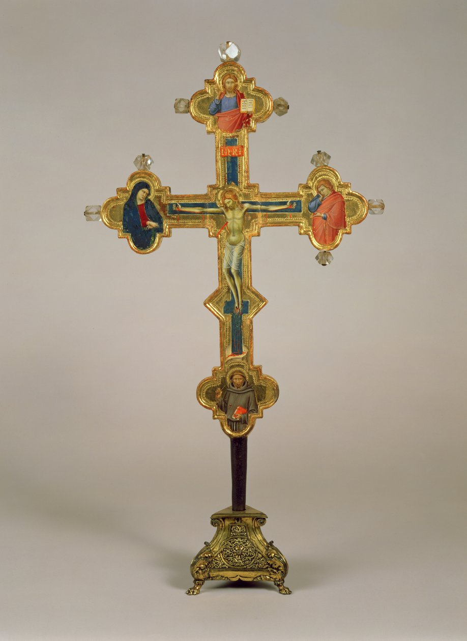 Tragbares Kreuz, verziert mit Szenen des gekreuzigten Christus mit der Jungfrau, dem Hl. Johannes dem Evangelisten und dem Hl. Franziskus (Vorderseite) von Luca di Tommè