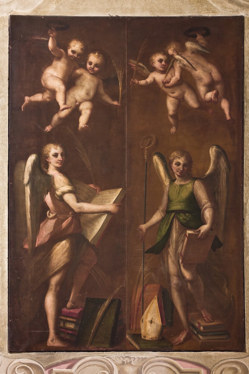 Genua, Dom (Kathedrale St. Laurentius), Sakristei, Kapelle: "Engel mit bischöflichen Insignien, Büchern und Palmzweigen", von Luca Cambiaso, um 1580 von Luca Cambiaso