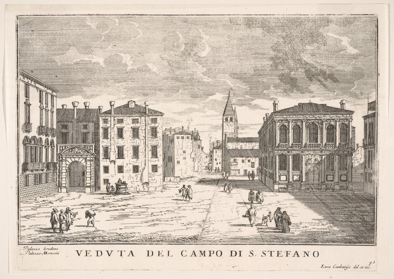 Tafel 95: Blick auf Campo Santo Stefano mit dem Loredan-Palast und dem Morosini-Palast, Venedig von Luca Carlevarijs