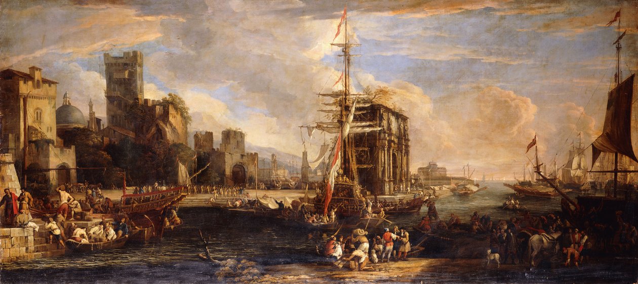 Ein Capriccio eines Mittelmeerhafens mit österreichischen Schiffen, Kaufleuten und Seeleuten auf den Kais im Vordergrund, einer Milizgesellschaft in der Nähe des Konstantinsbogens und Castel Sant