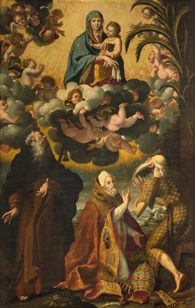 Altar des Heiligen Antonius, Madonna und Kind mit den Heiligen Antonius Abt, Paulus Eremit und Papst Gregor XIV von Luca Cattapane