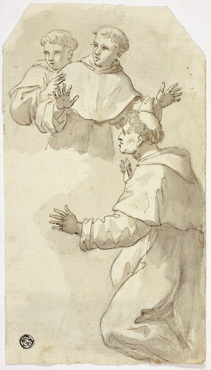 Drei erschrockene Mönche, einer kniend, zwei stehend von Luca Giordano