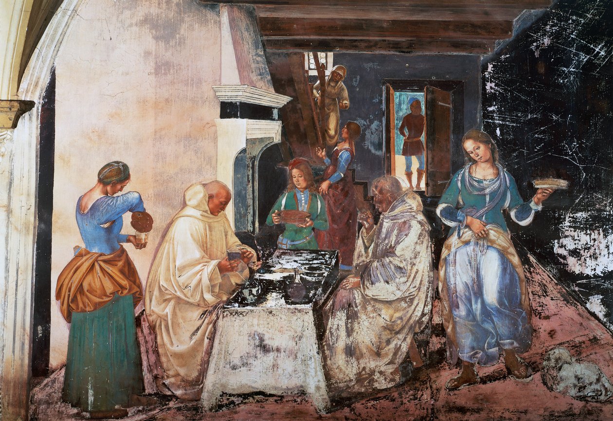 Benedikt erzählt den Mönchen, wo und wann sie außerhalb des Klosters gegessen haben, Szene aus den Geschichten von St. Benedikt von Luca Signorelli