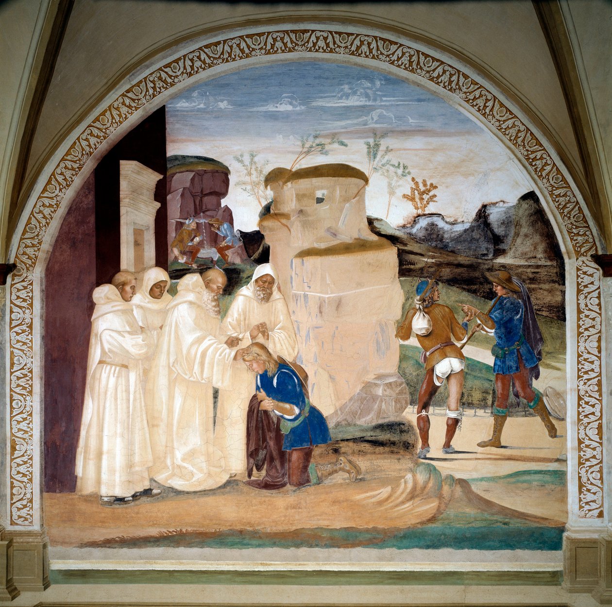 Leben des heiligen Benedikt von Nursia (ca. 480-547): Benedikt ermahnt den Bruder des Mönchs Valerian, der sein Fasten gebrochen hat (Fresko von Luca Signorelli) von Luca Signorelli
