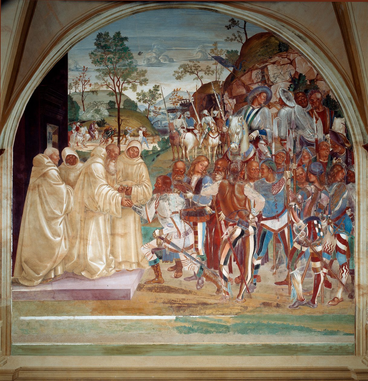 Der heilige Benedikt von Nursia empfängt Totila (6. Jahrhundert), König der Ostgoten. Fresko im Refektorium der Mönche von Luca Signorelli, das das Leben des heiligen Benedikt von Nursia (480 - 567) erzählt, Gründer des Benediktinerordens. 1503 - 1508 Abte von Luca Signorelli