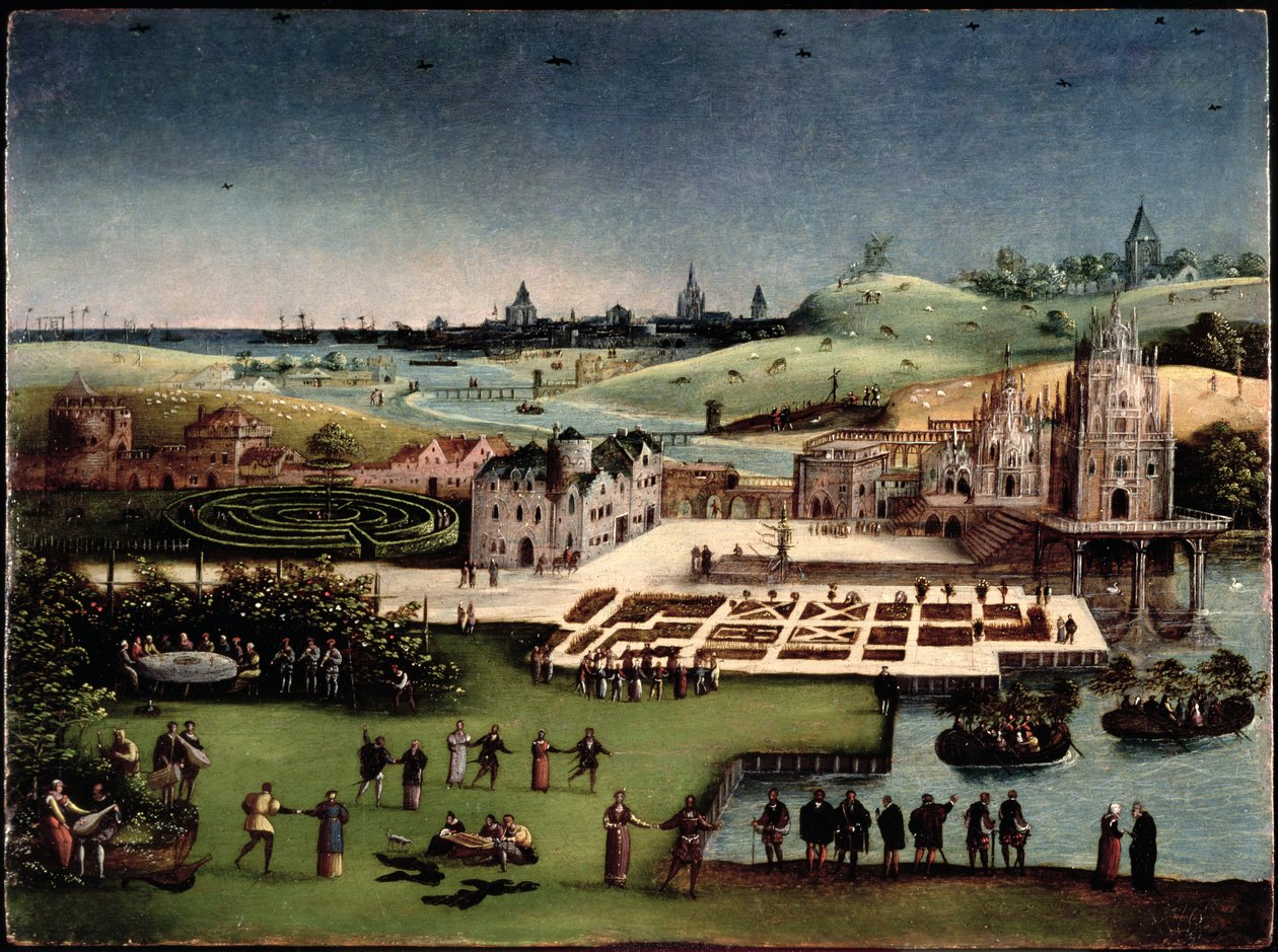 Panorama-Landschaft mit einem Garten der Liebe von Lucas van Gassel