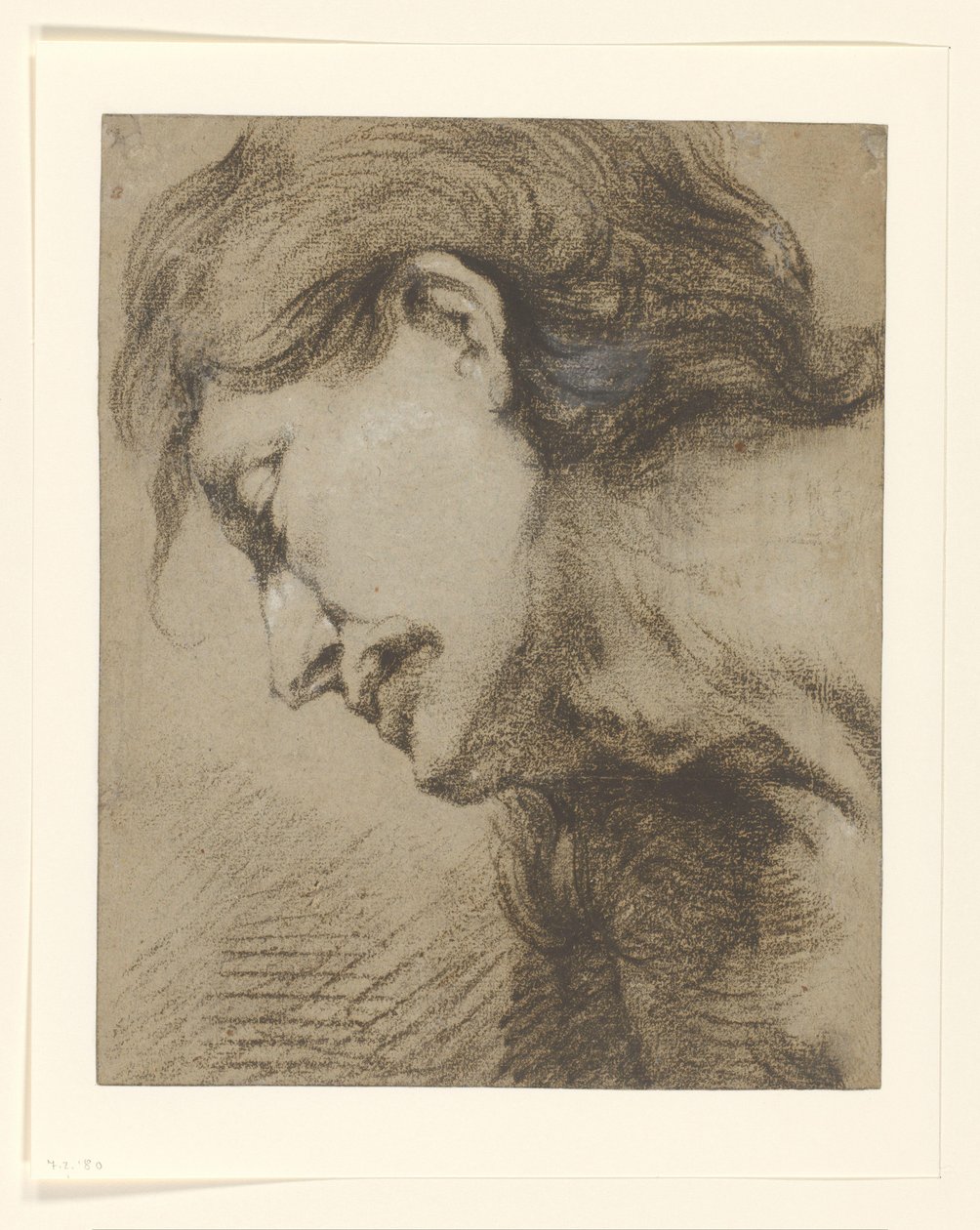 Männerkopf mit langem Haar, nach links unten schauend von Lucas Franchoys (attributed to)