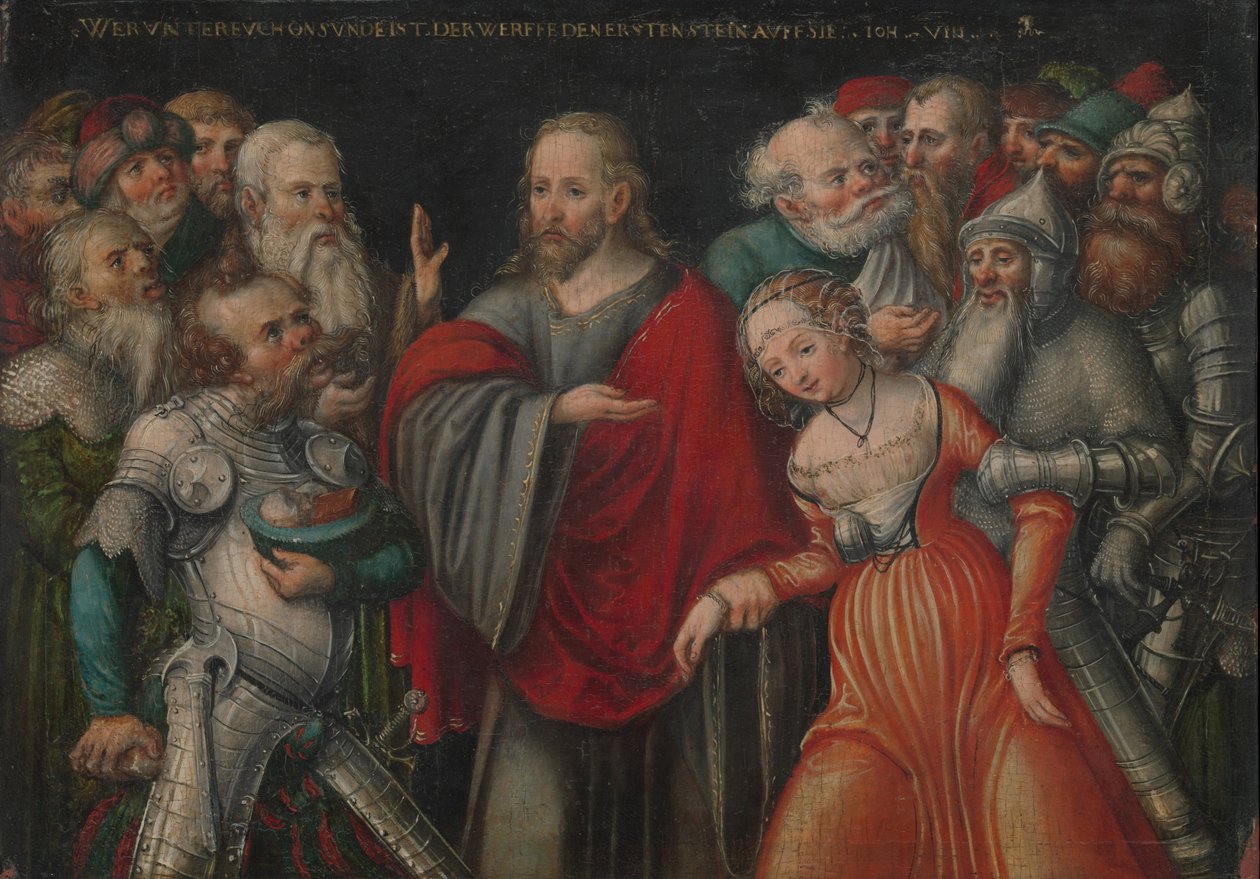 Christus und die Ehebrecherin von Lucas the Younger studio of Cranach