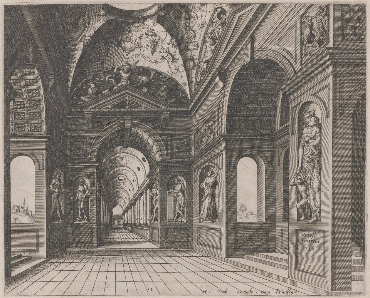 Innenraum einer kreuzgewölbten Halle mit Grotesken von Lucas van Doetechum and Johannes