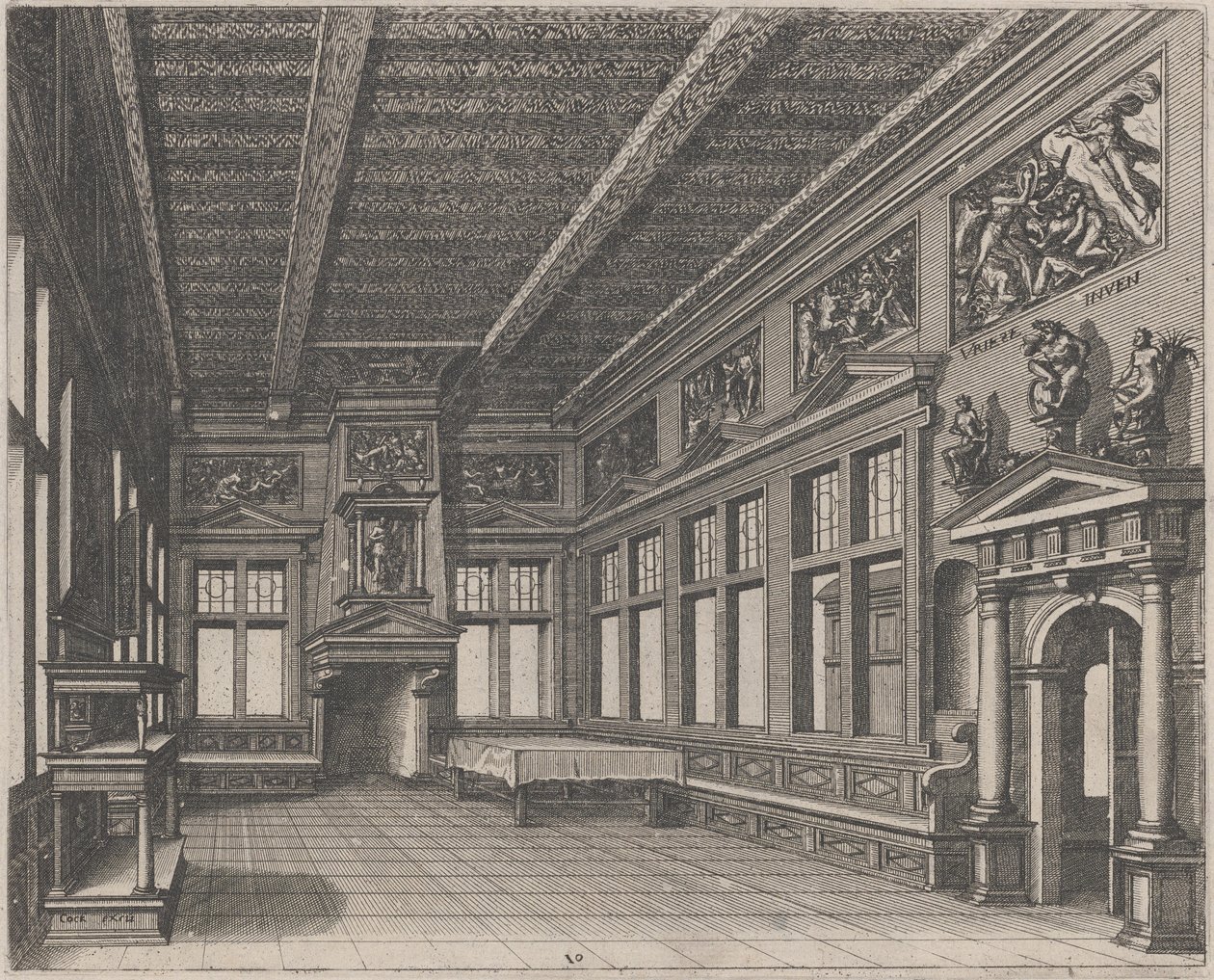 Innenraum mit Buffet, Kamin und religiösen Gemälden von Lucas van Doetechum and Johannes