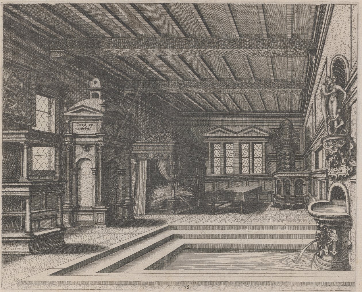 Innenraum mit Buffet, Eingangsportal und Baldachinbett von Lucas van Doetechum and Johannes