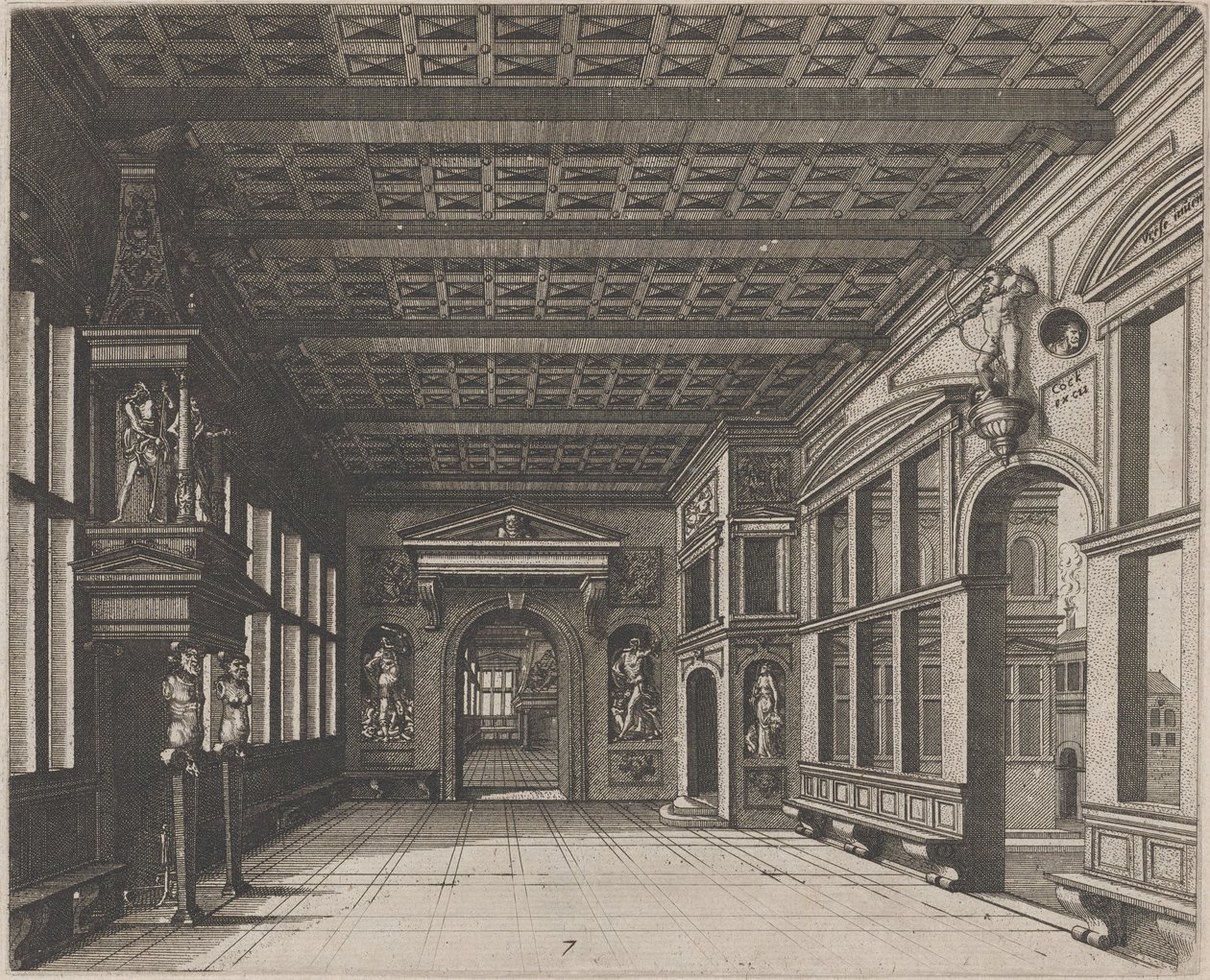 Innenraum mit Blick in ein zweites Zimmer mit Kamin von Lucas van Doetechum and Johannes
