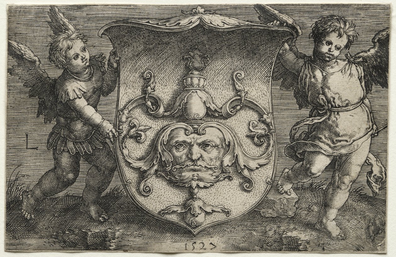 Ein Schild mit einer Maske, unterstützt von zwei Genien, 1527 von Lucas van Leyden
