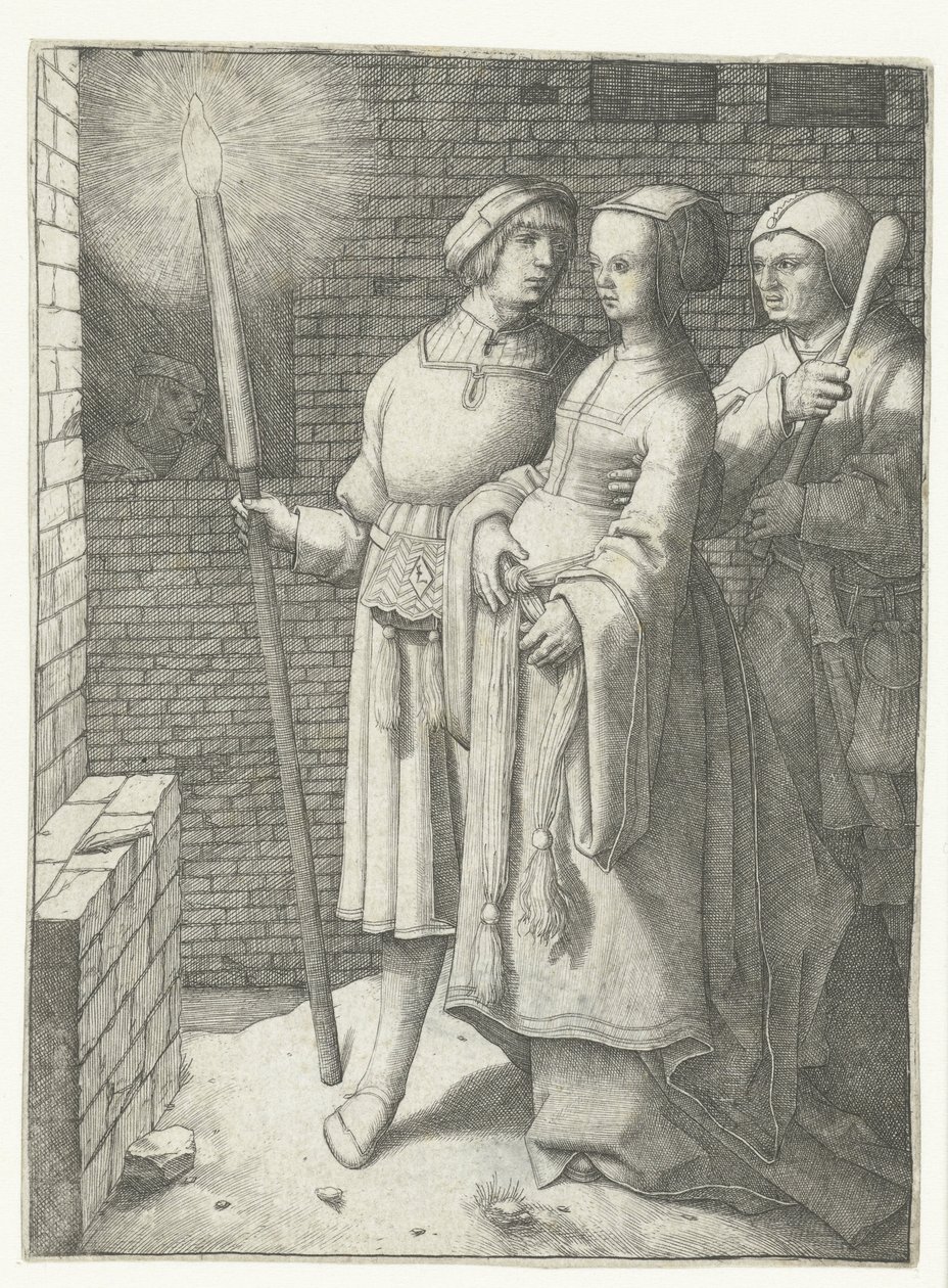 Junger Mann mit einer Fackel, eine Frau und ein Narr von Lucas van Leyden