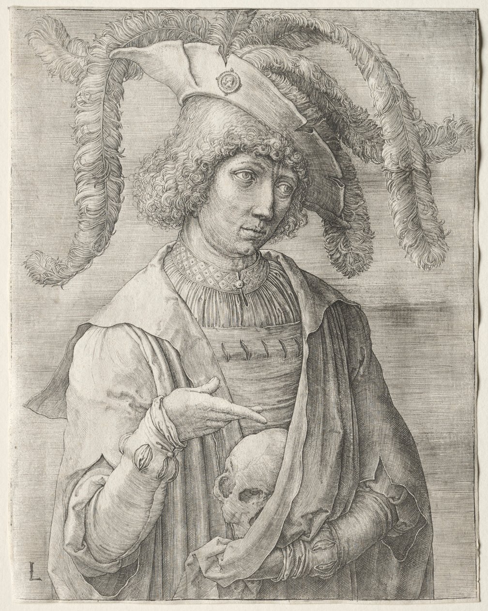 Porträt eines jungen Mannes mit einem Schädel, ca. 1519 von Lucas van Leyden