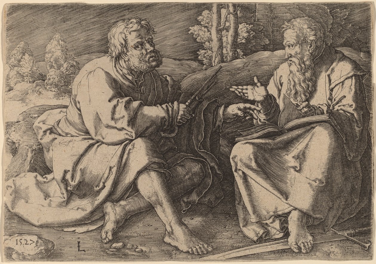 Heilige Peter und Paul sitzen in einer Landschaft von Lucas van Leyden