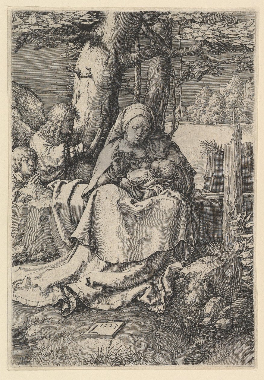 Die Jungfrau und das Kind mit zwei Engeln, 1523 von Lucas van Leyden
