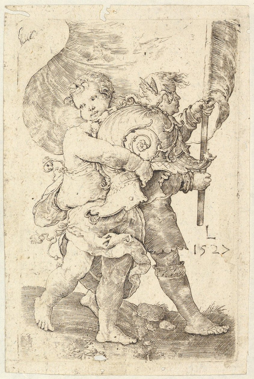 Zwei Jungen mit Helm und Standarte, 1527 von Lucas van Leyden