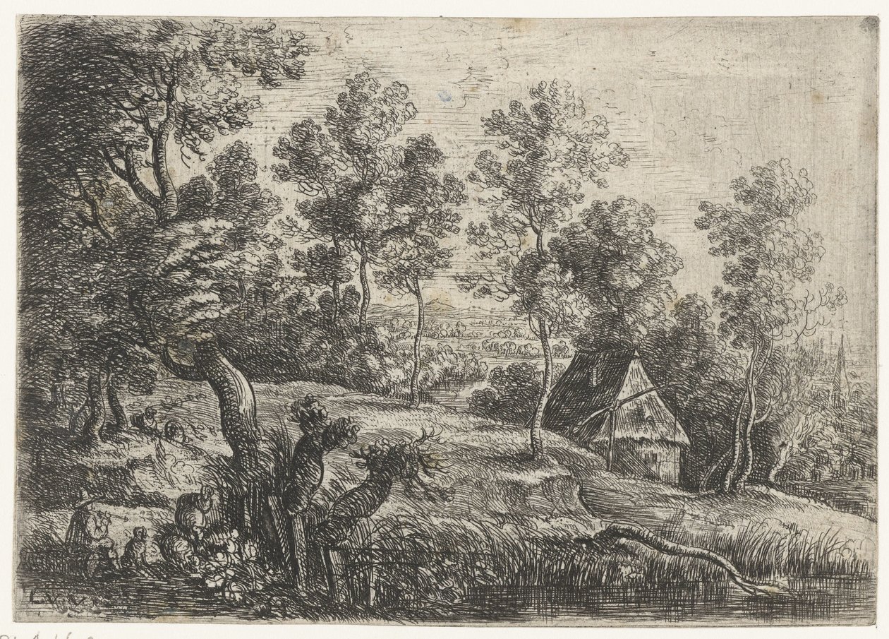 Landschaft mit einem Haus und einem Brunnen (Fünf Landschaften) von Lucas van Uden