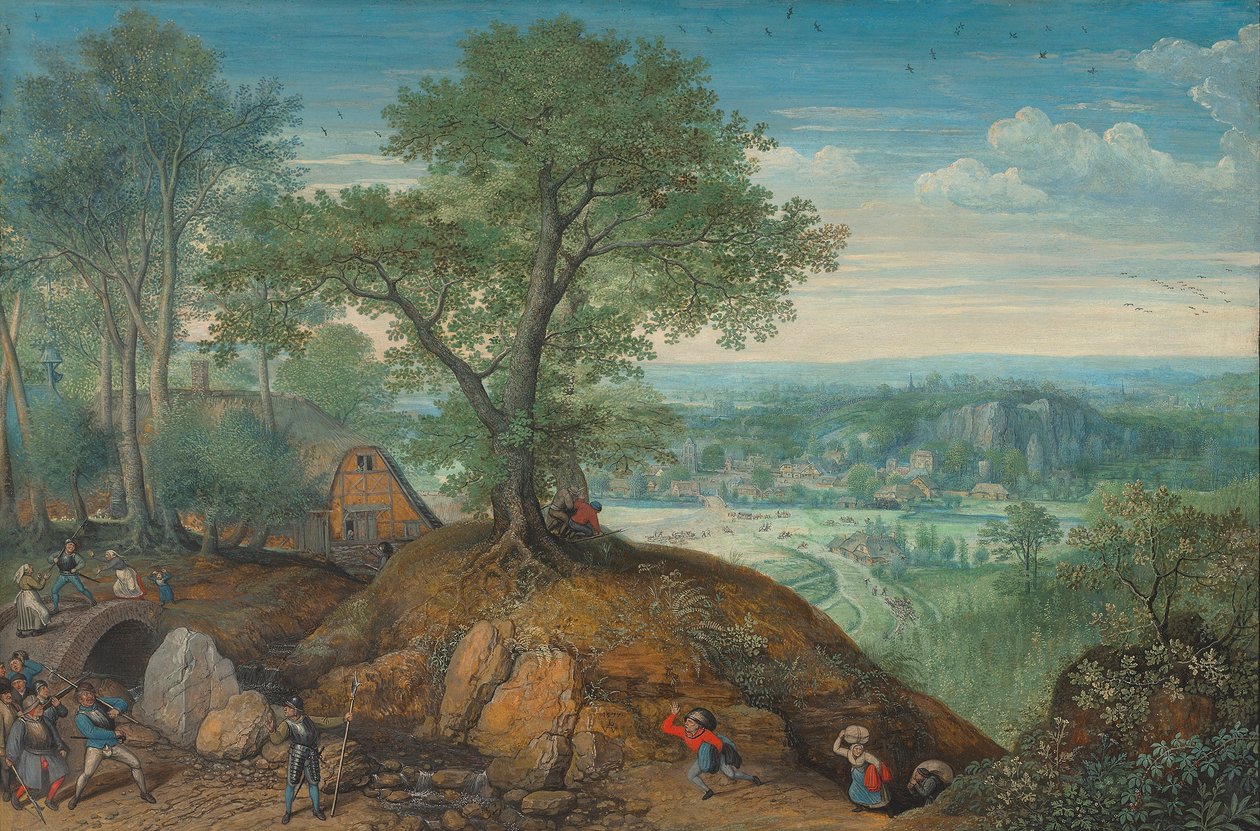 Weite Landschaft mit plündernden Soldaten von Lucas van Valckenborch