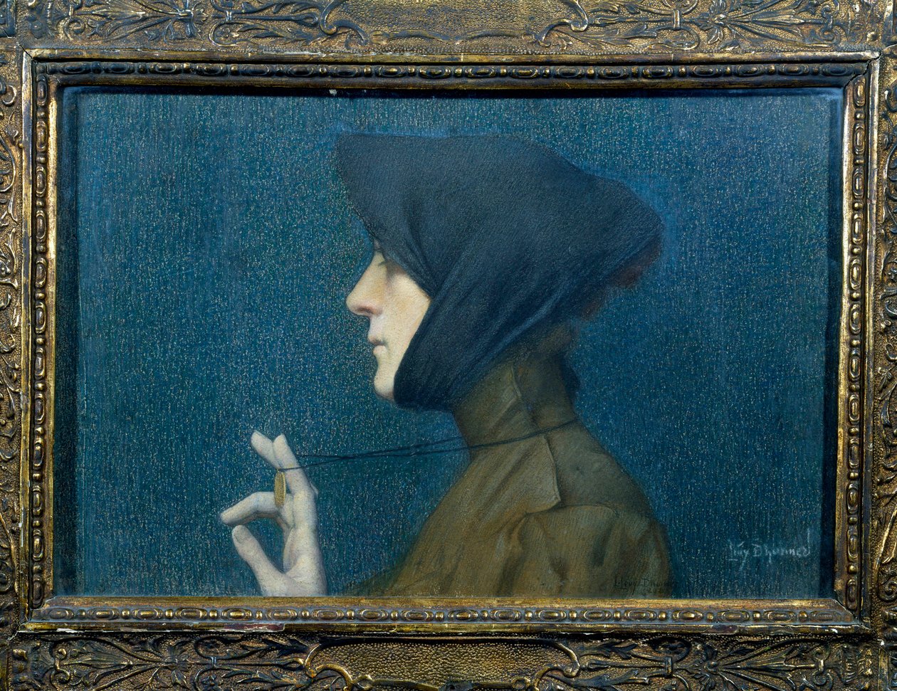 Porträt einer Frau mit Medaillon. Frau im Profil, die ihr Anhänger vor sich hält von Lucien Levy Dhurmer