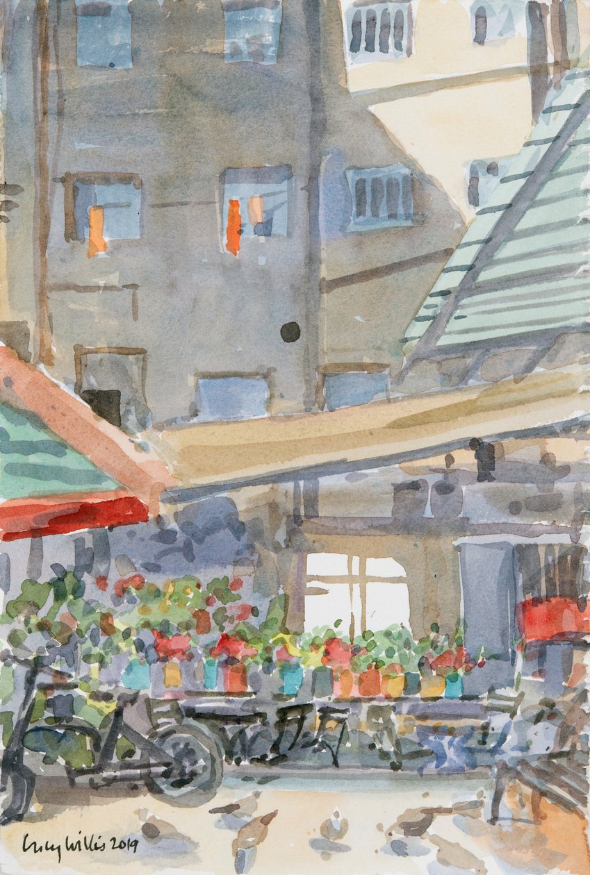 Orange Staubtücher trocknen, Mahane Yehuda, Jerusalem, 2019 von Lucy Willis