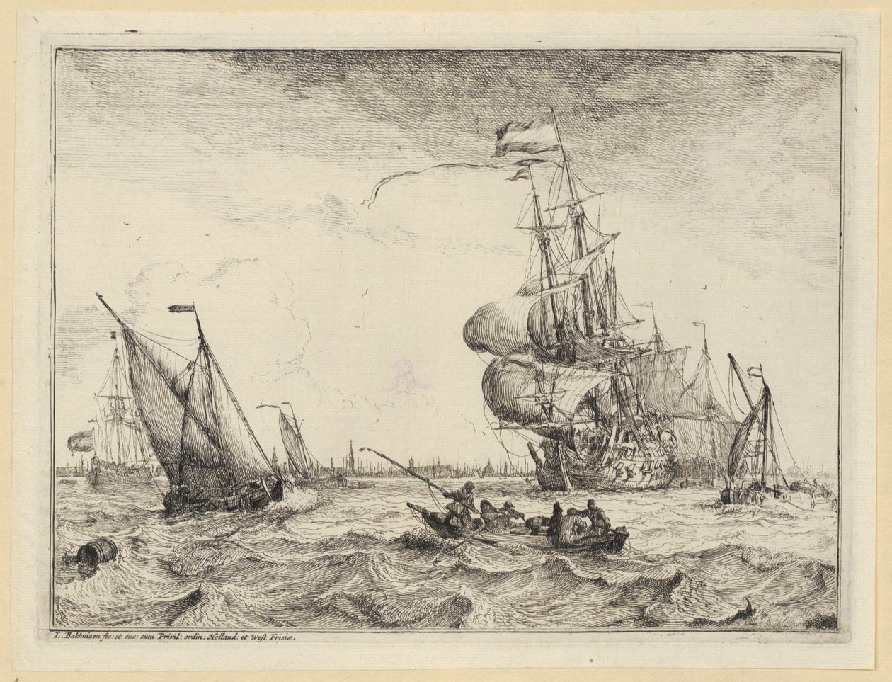 Eine Barke und mehrere Segelschiffe auf stürmischer See vor Amsterdam, Blatt 4 der Folge 
