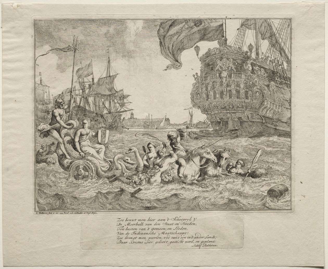 Die Personifikation von Amsterdam reitet in Neptuns Wagen von Ludolf Backhuysen