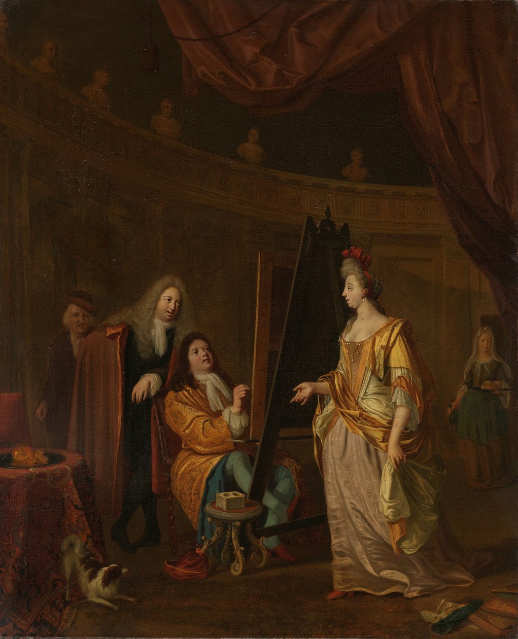 Ein Künstler in seinem Atelier, der das Porträt einer Dame malt von Ludolf Bakhuysen