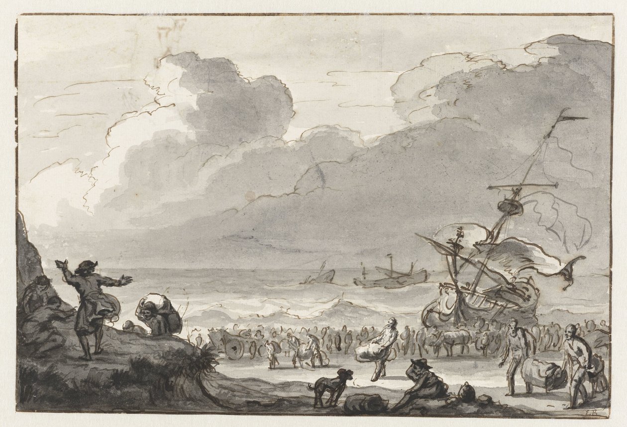 Ladung eines Schiffes wird an Land gebracht von Ludolf Bakhuysen